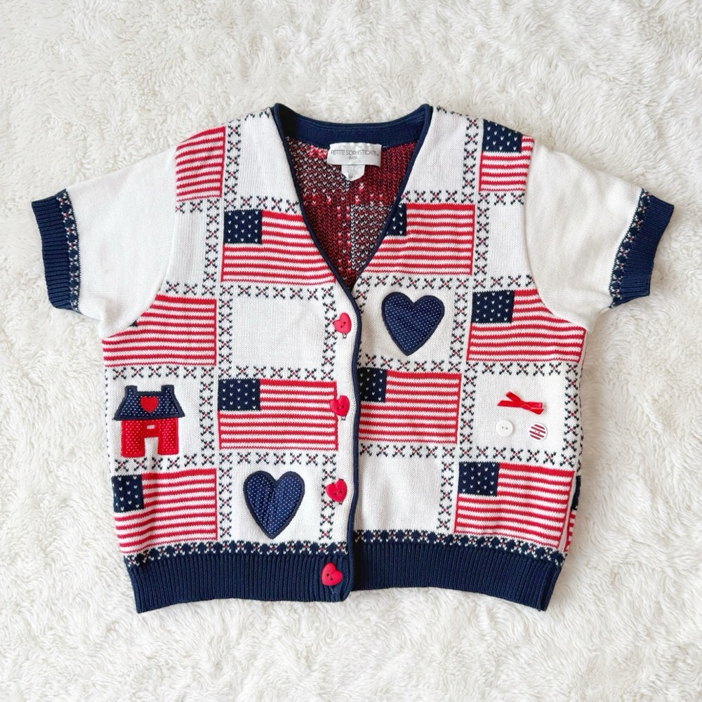 VTG Woman Knit Patriotic Patched Heart American Flag V-Neck Cardigan Top SMALL